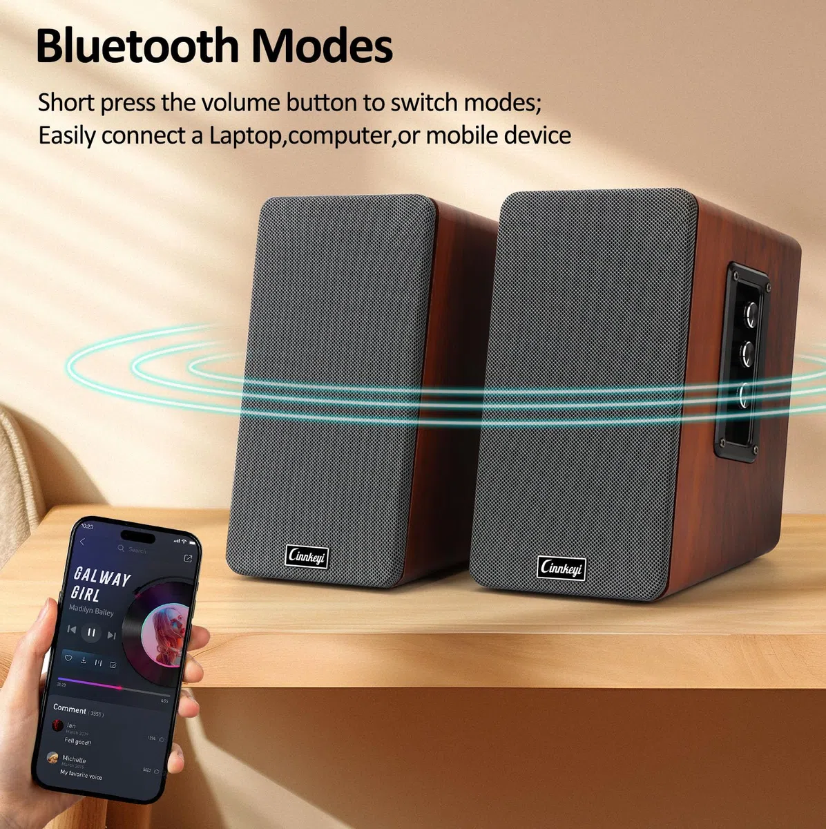 Enceintes bibliothèque Bois 50W, Actives 2.0 Enceintes pour PC | Bluetooth, RCA, AUX, USB | Basses puissantes pour PC, TV, Portable, Platine Vinyle Enceintes pour Ordinateur