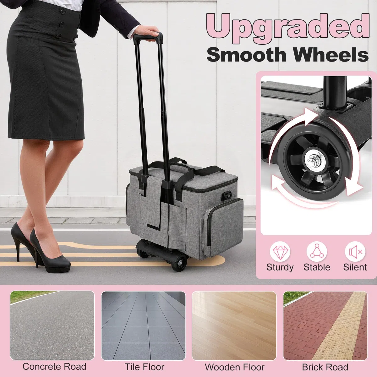 Housolution Sac à roulettes pour Enseignants Tote avec Chariot Démontable, Etui à roulettes pour Ordinateur, Mallette avec Organiseur de Fichiers Accordéon, Compatible avec 15,6'', Gris