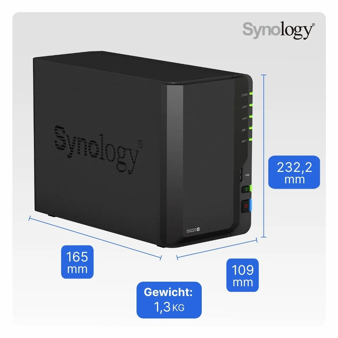 Synology DS220+ 68B0AN0 Intel Celeron J4025 Station de Disque, 2 Go de RAM, 2 x RJ-45 1 GbE avec 2 x 10 to WD Red Plus HDD WD101EFBX
