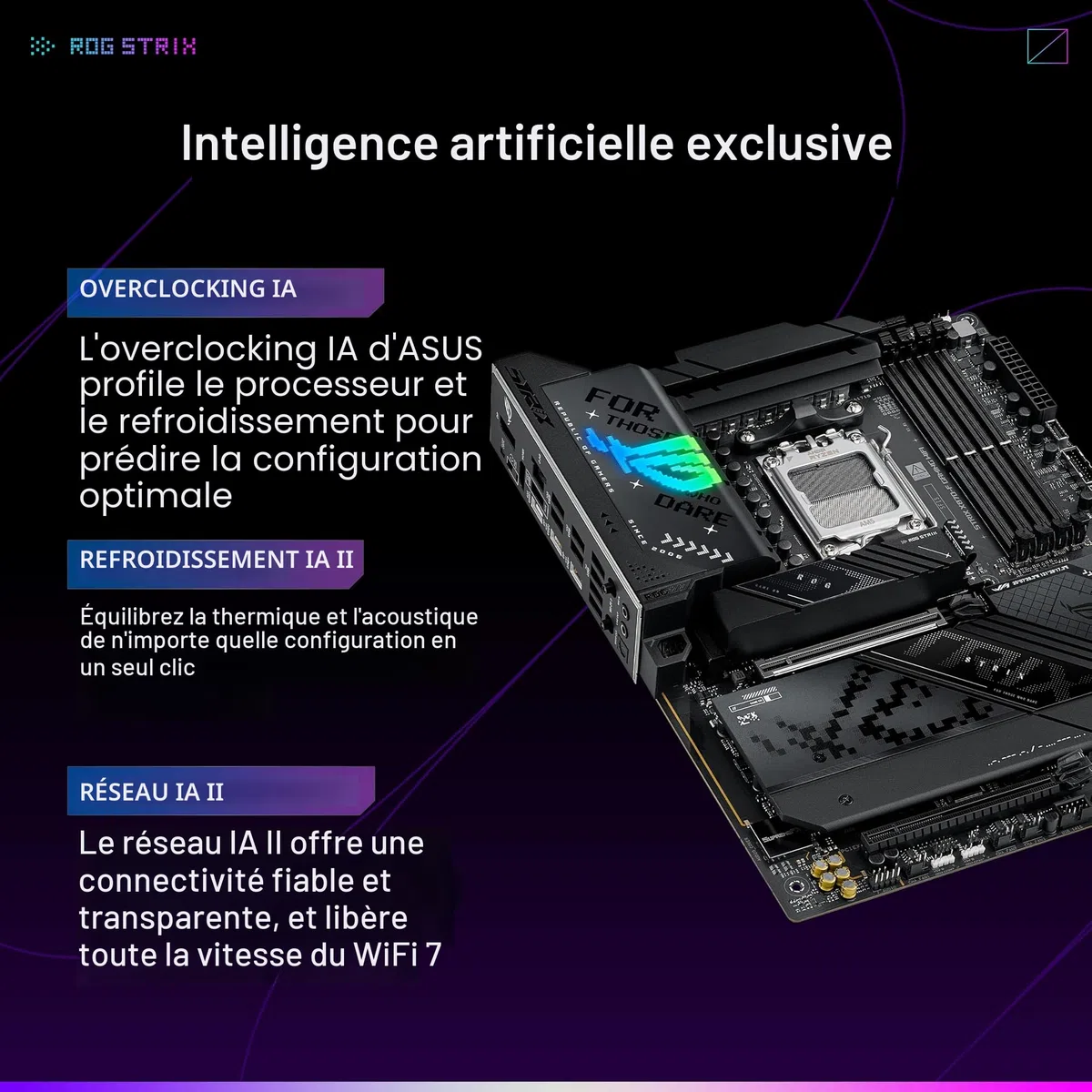ASUS ROG Strix X870-F Gaming WiFi – Carte mère Gaming AMD Ryzen AM5 X870 ATX (DDR5, 16+2+2 DrMOS, 4 x M.2, PCIe 5.0, WiFi 7, USB4 Type-C, USB 10G avec PD 3.0 jusqu'à 30W, Aura Sync RGB)