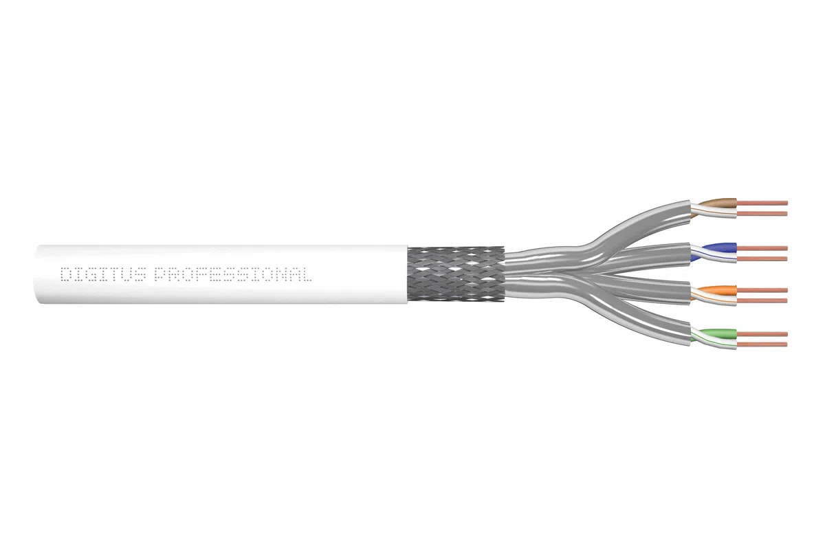 DIGITUS 305 m Cat 7 Câble réseau SoHo - S-FTP (PiMF) Simplex - BauPVO Dca - LSZH Sans halogène - 600 MHz Cuivre AWG 26/1 - Compatible PoE - Câble LAN Câble de pose Ethernet - Blanc | LSZH - Sans halogène - AWG 26/1 - Compatible PoE+ - 10 Gbit/s - 1200 MHz