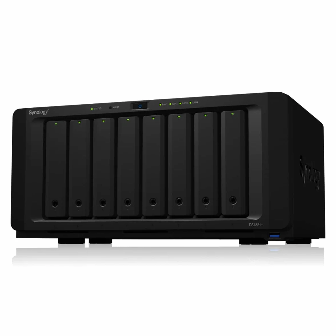 Synology DS1821+ Boîtier NAS pour 8 DD 3.5/2.5p 2.2 GHz 64 bit QuadCore 4 Go 4LAN GB USB3.2 eSata Slot Pcie 2 Slots M.2 2280 NVMe
