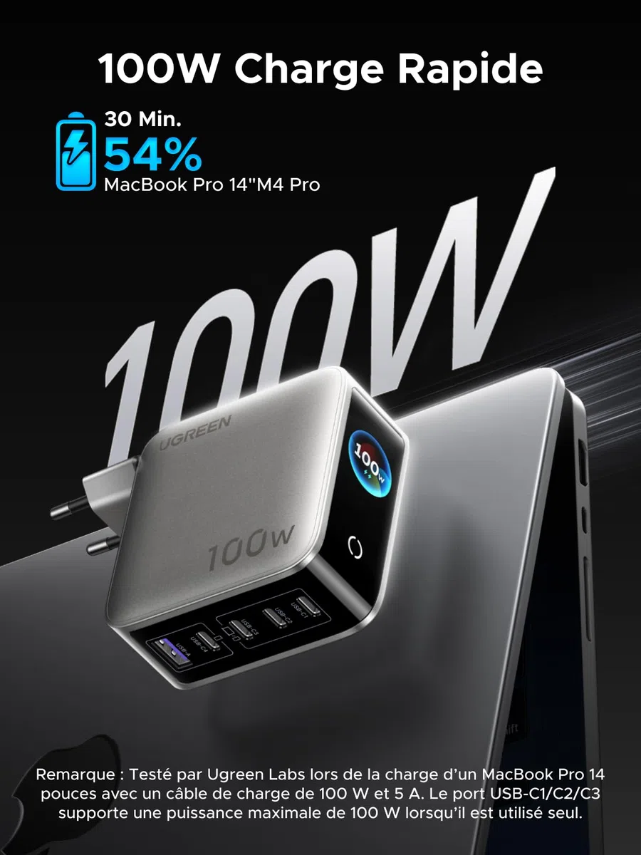 UGREEN Nexode Pro 100W Chargeur USB C Rapide 5 Ports avec Écran TFT GaN II Tech Compatible avec iPhone 17 Pro Max Air 16 15 14 13 12 Galaxy S26 S25 S24 Pixel 10 9 iPad MacBook Neo Air M5 M4 M3 M2 M1