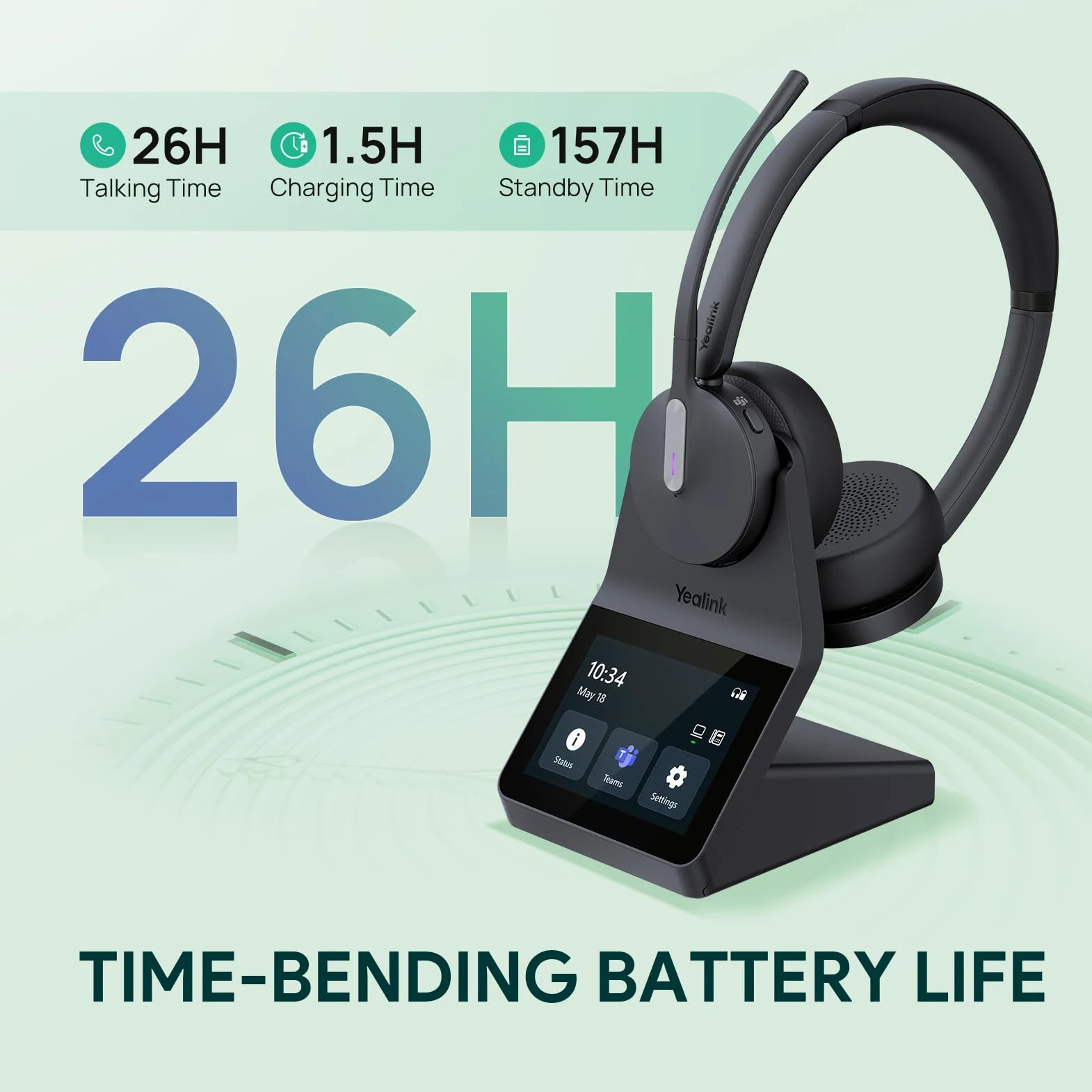 Yealink Casque sans Fil WH64 Pro DECT et Bluetooth, écran Tactile 3,5", Compatible Teams, UC et Zoom, Double oreillette, portée de 185 m, autonomie en Conversation de 32 Heures