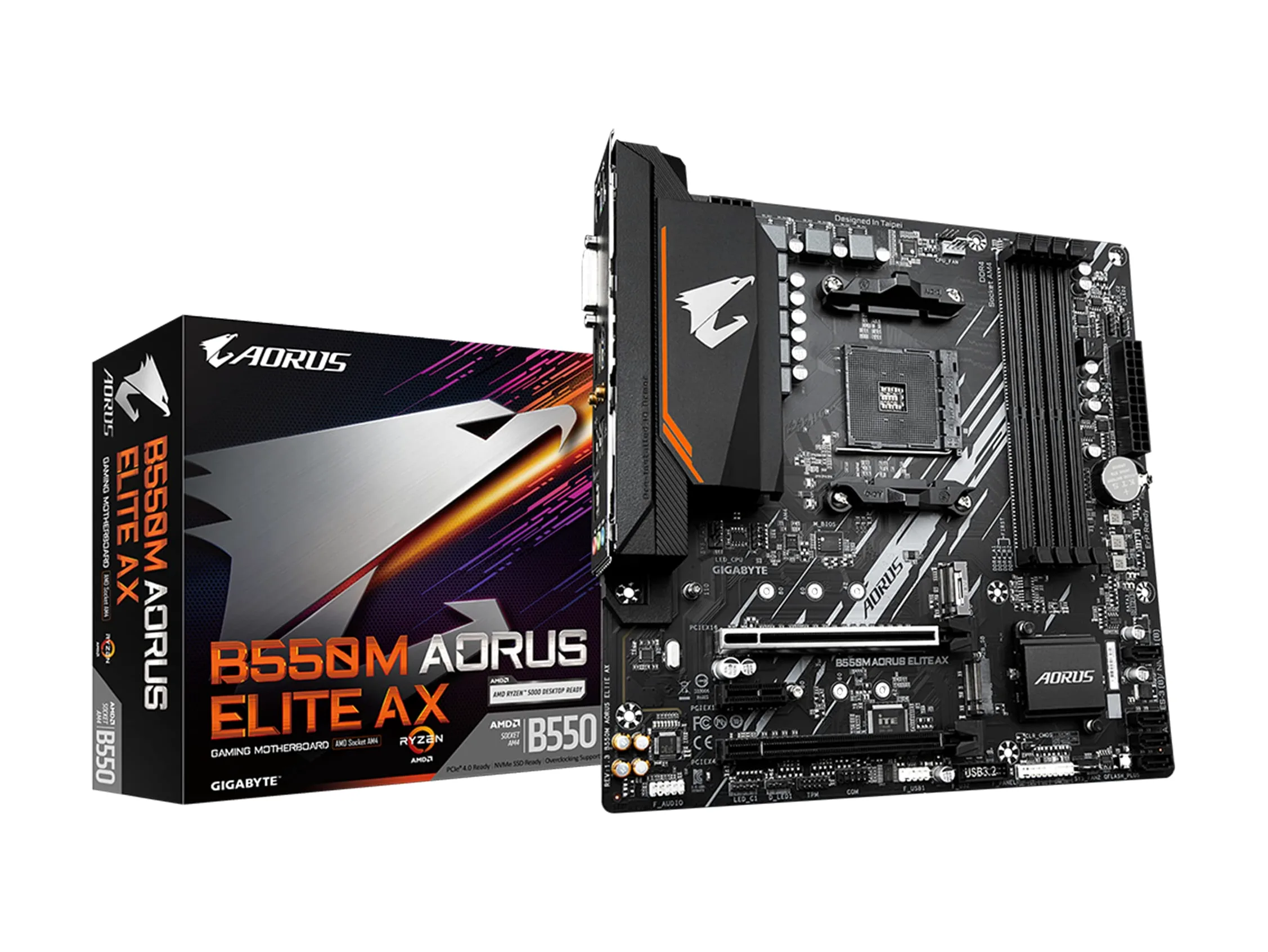GIGABYTE B550M AORUS Elite AX Carte mère - Processeurs AMD Ryzen 5000, VRM 5+3 Phases, jusqu'à 4733 MHz DDR4, 1xPCIe 4.0 + 1xPCIe 3.0 M.2, Wi-FI 6E, LAN 1GbE, USB 3.2 Gen 1