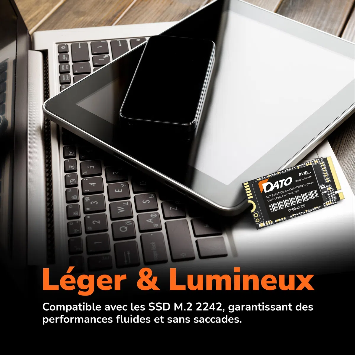 DATO SSD Interne 1 to, PCIe Gen3x4 NVMe M.2 2242 SSD, Jusqu’à 2500/1700 Mo/s - DP342 Série